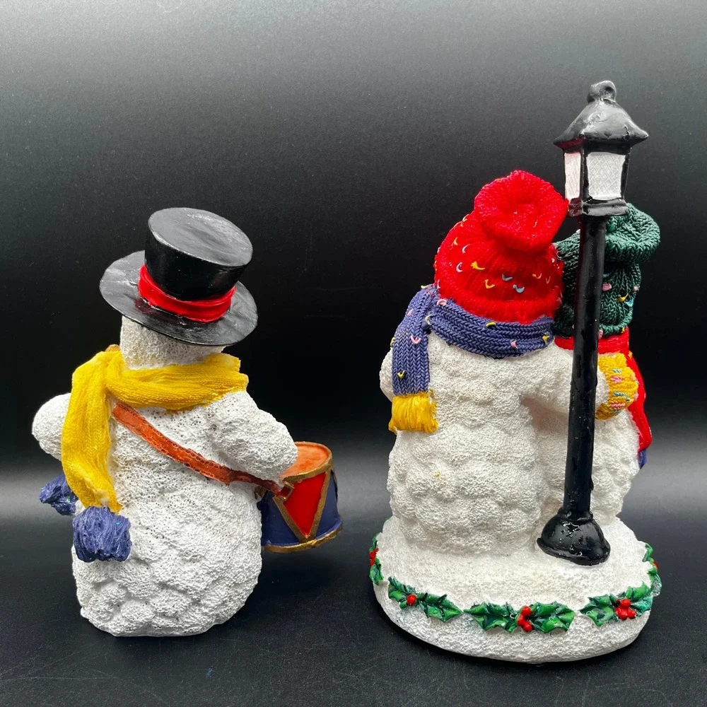 Pair of Christmas Snowman Figurine Set Carolers Drummer Resin Holiday Decorative